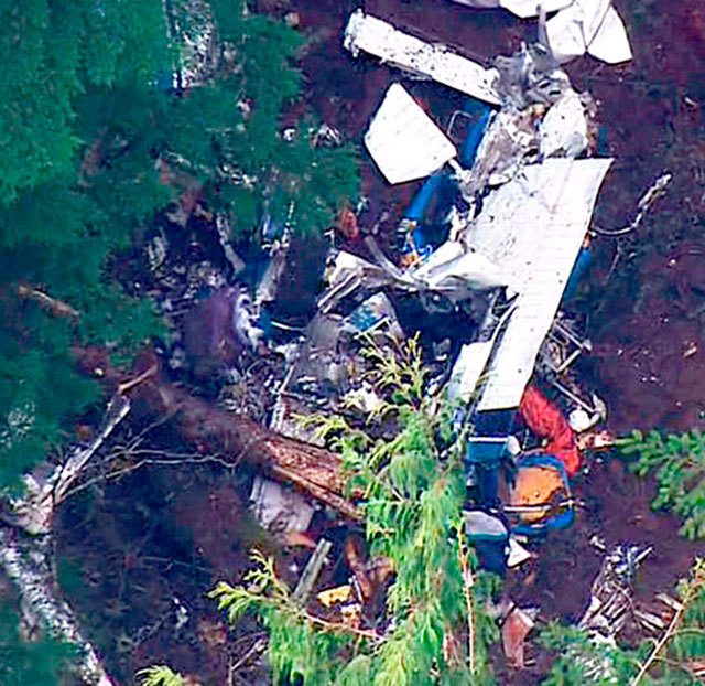An aerial photo shows the wreckage of Bernhoft’s Cessna 182 in a wooded area near Quilcene. (KOMO-News)