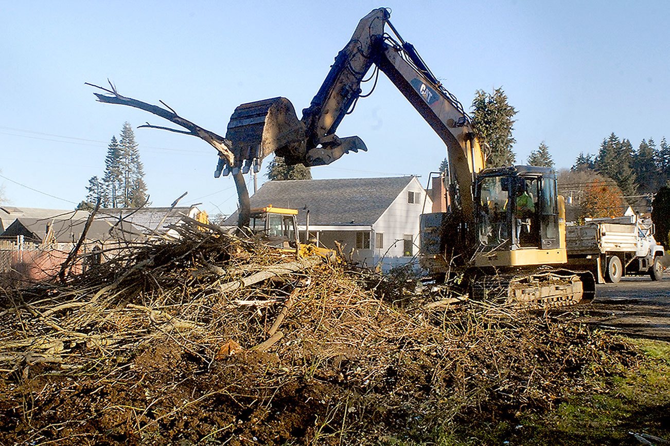 Keith Thorpe/Peninsula Daily News An excavator piles brush pulled from the banks of Peabody Creek near Ninth Street in Port Angeles on Wednesday to gain access to a broken water main beneath the creek bed.