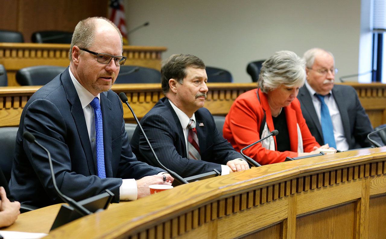 From left, House Minority Leader Dan Kristiansen, R-Snohomish, Senate Majority Leader Mark Schoesler, R-Ritzville, Senate Minority Leader Sharon Nelson, D-Maury Island, and House Speaker Frank Chopp, D-Seattle, take part in the annual AP Legislative Preview, Thursday, Jan. 5, 2017, at the Capitol in Olympia, Wash. (AP Photo/Ted S. Warren)