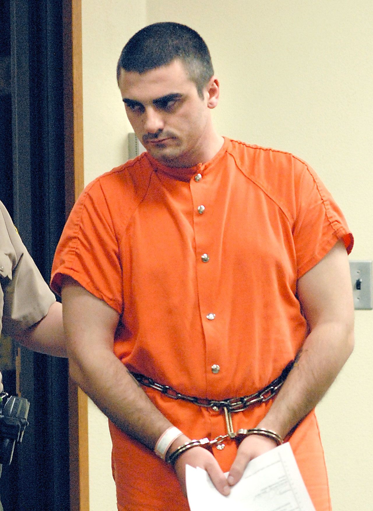 Shay Clinton Darrow makes his first appearance in Clallam County Superior Court on Friday on a charge of second-degree murder in connection with the shooting death of his father, Clint Darrow, on Thursday in Port Angeles. (Keith Thorpe/Peninsula Daily News)