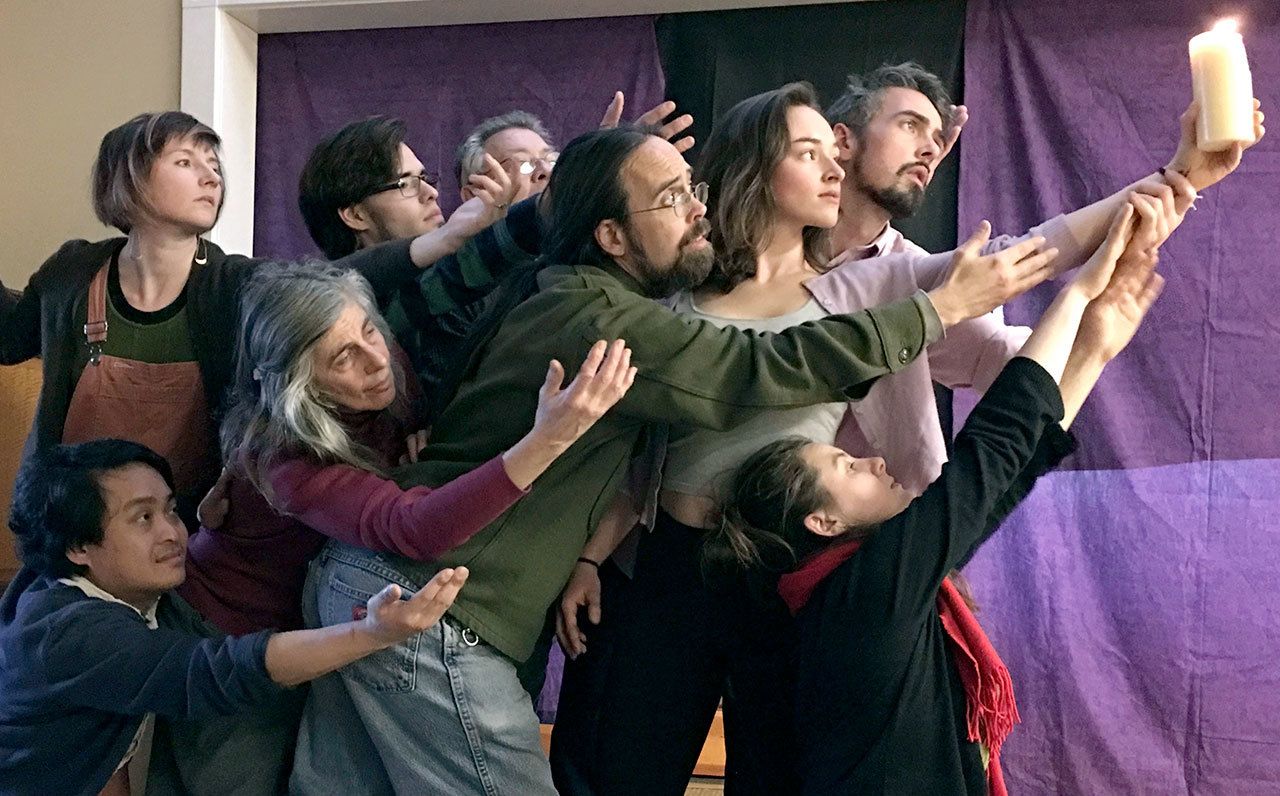 Performing “Be a Light: The Art of Taking Action” are, top row from left, Aba Kiser, Karim Santiago, Michael Hindes, Richard Sloane, Hannah Bahls and Johnny Colden; and, bottom row from left, Charlie Perez, Helen Curry and Samantha Hiatt. (Poetic Justice Theatre Ensemble)