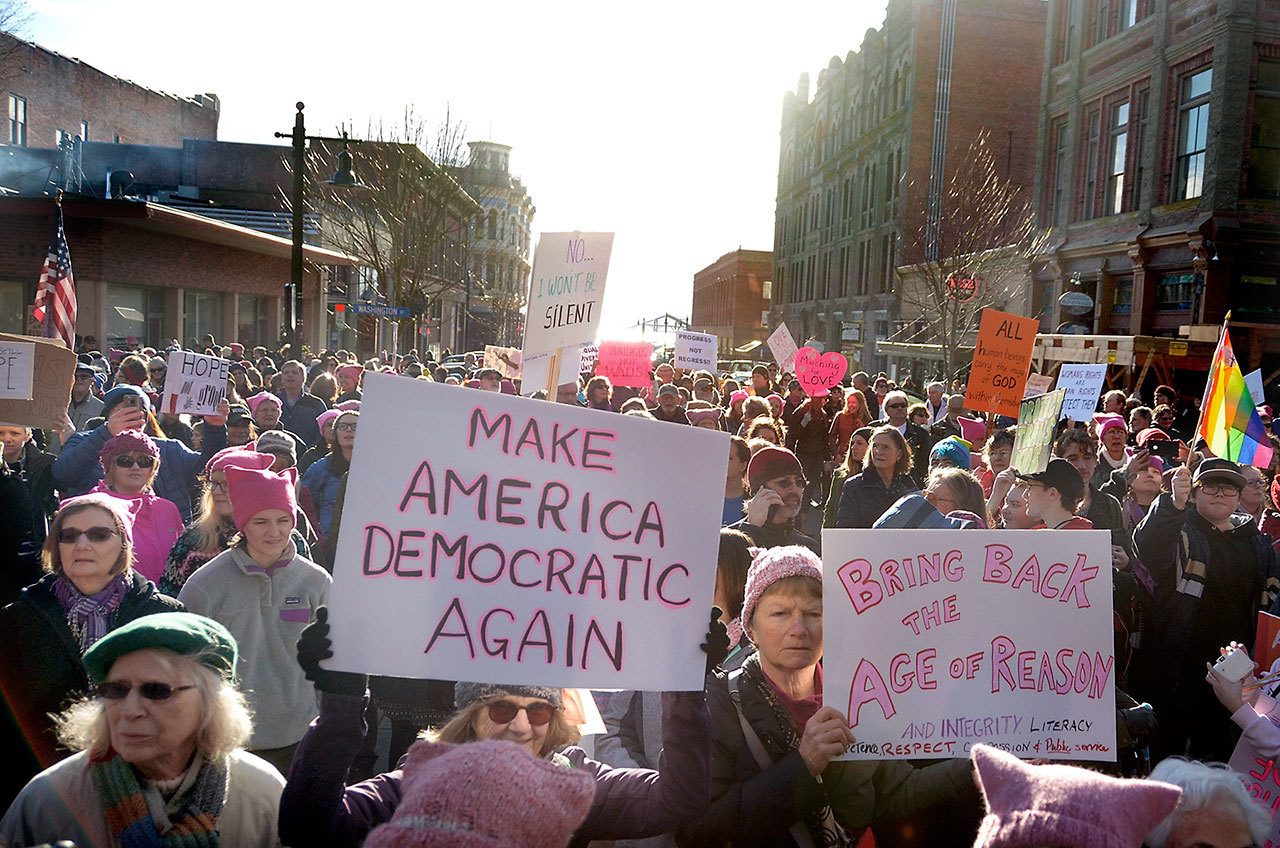 Hundreds turned out for the Womxn&rsquo;s March in Port Townsend on Saturday. (Cydney McFarland/Peninsula Daily News)