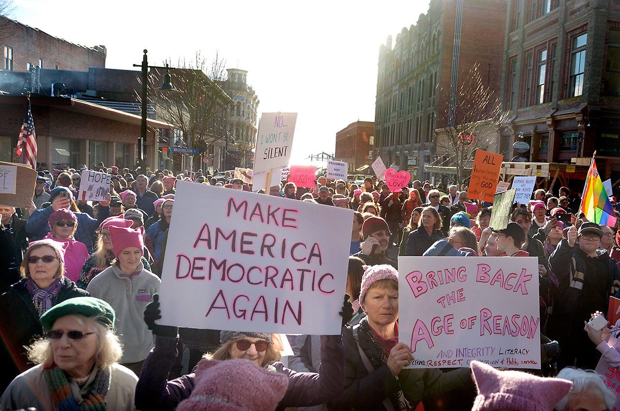 Hundreds turned out for the Womxn’s March in Port Townsend on Saturday. (Cydney McFarland/Peninsula Daily News)