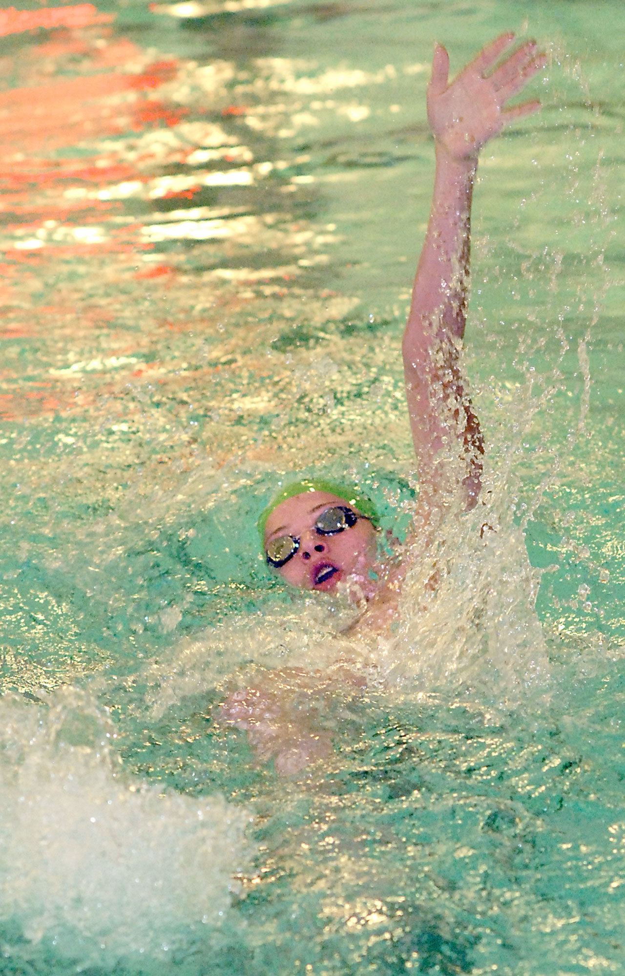Keith Thorpe/Peninsula Daily News Cameron Butler of Port Angeles swims the backstroke leg of the 200-yard individual medley on Thursday at William Shore Memorial Pool in Port Angeles.