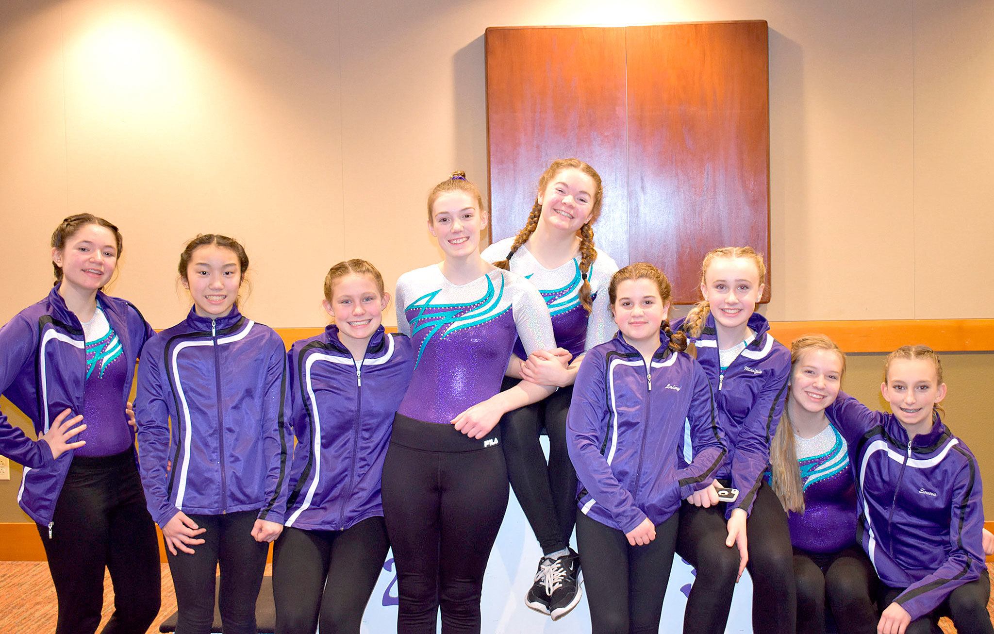 Members of Klahhane Gymnastics, from left, are Kianna Miller, Cindy Liang, Anne Edwards, Cassii Middlestead, Danica Miller, Lainy Vig,Maizie Tucker, Julienne Jacobs and Emma Sharp.
