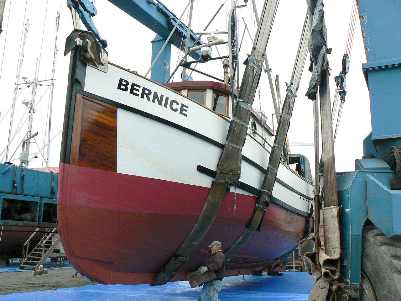 A 56-foot fishing vessel, Bernice, sits in its boat lift at the Boat Haven Marina in Port Townsend.