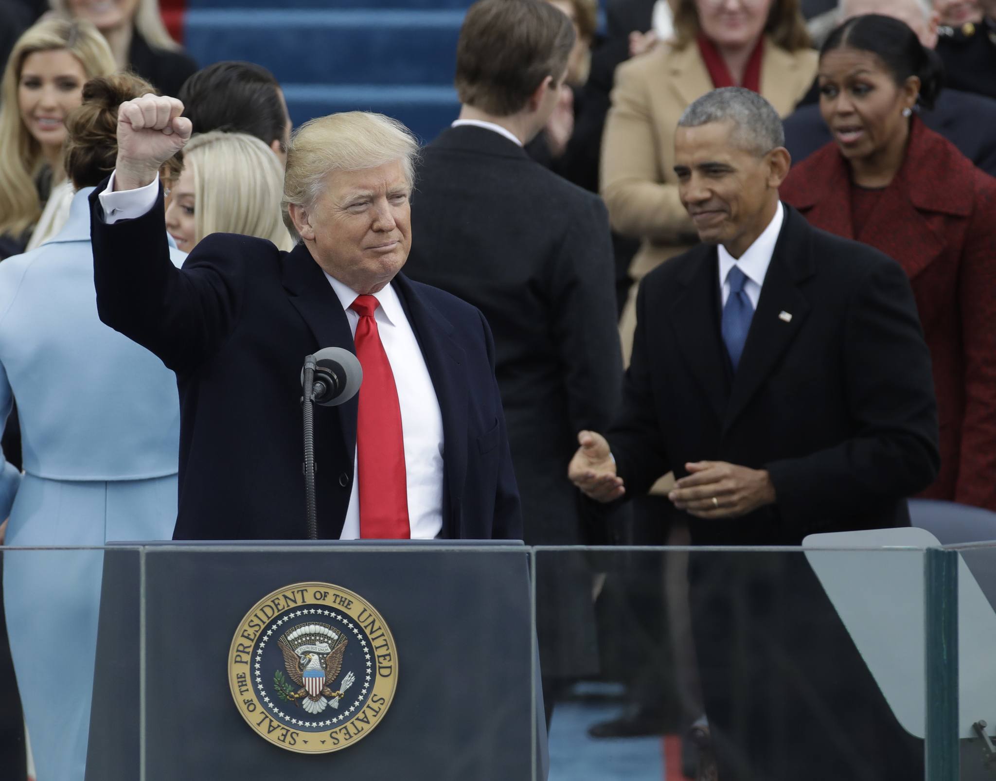 President Donald Trump waves after being sworn in as the 45th president of the United States during the 58th Presidential Inauguration at the U.S. Capitol in Washington, D.C. (The Associated Press)