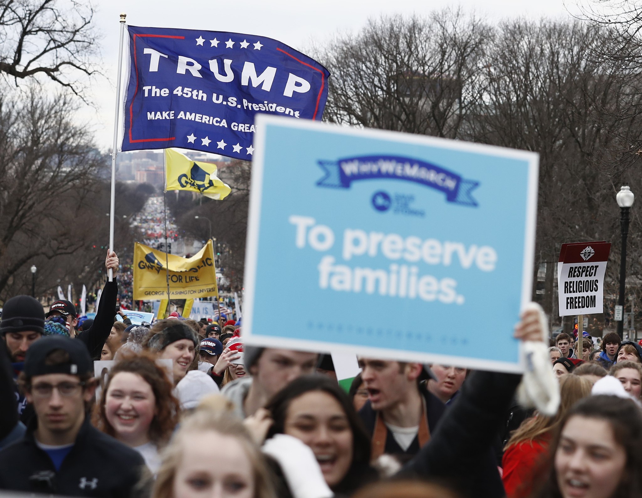 Anti-abortion activists and supporters of President Donald Trump march up Constitution Avenue en route to the Supreme Court in Washington, D.C., on Friday during the 44th annual March for Life. (Carolyn Kaster/The Associated Press)