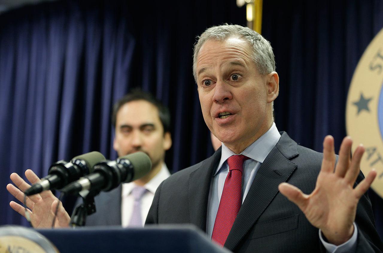 New York Attorney General Eric Schneiderman speaks in March 2016. Two weeks after officials in two dozen states asked Donald Trump to kill one of President Barack Obama’s plans to curb global warming, Schneiderman was lead author on a rebuttal letter signed by Democratic attorneys general. (Seth Wenig/The Associated Press)