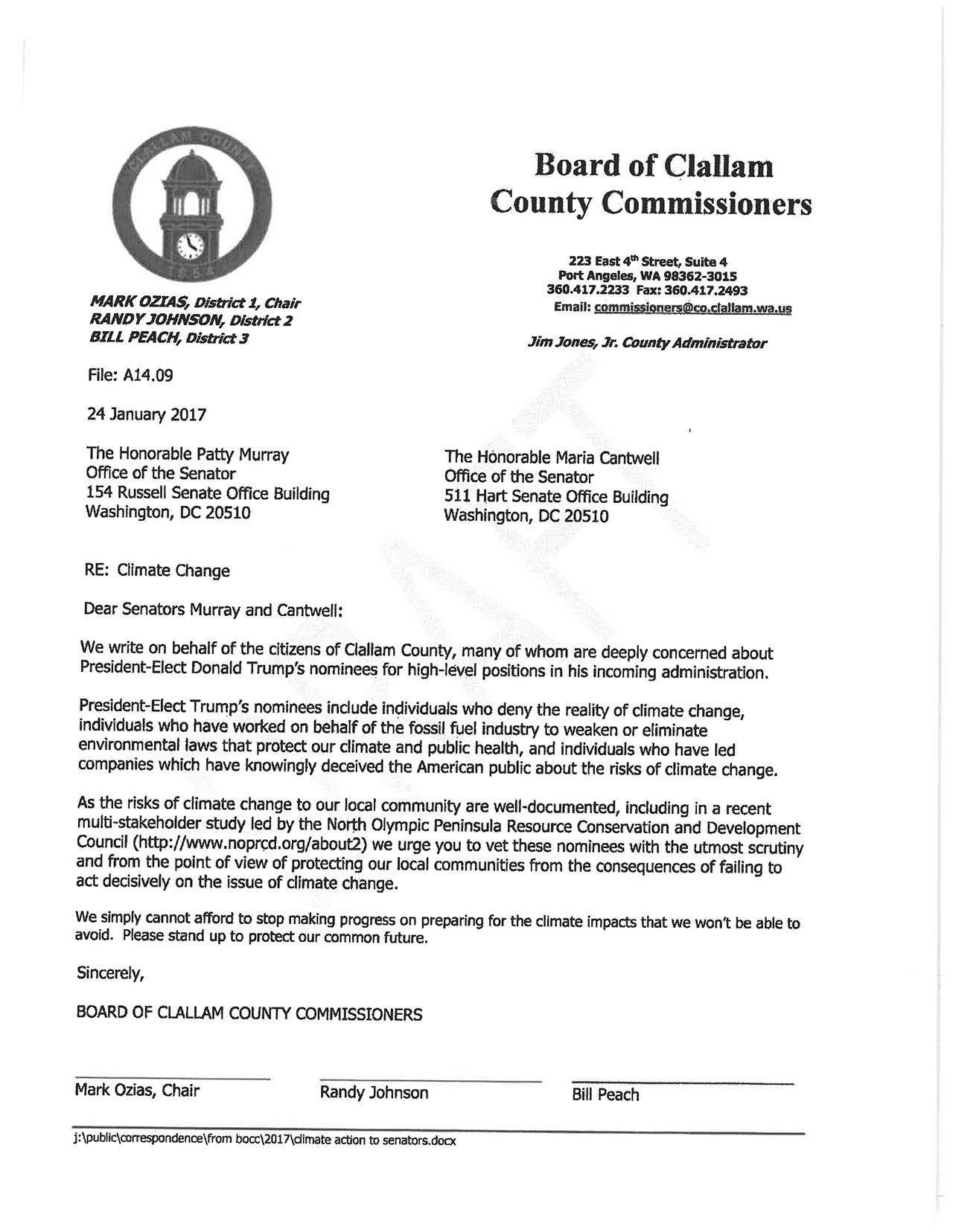 The letter drafted by Clallam County Commissioner Mark Ozias.