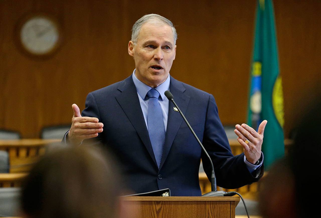 Gov. Jay Inslee speaks during the annual AP Legislative Preview at the Capitol in Olympia last Thursday. (Ted S. Warren/The Associated Press)