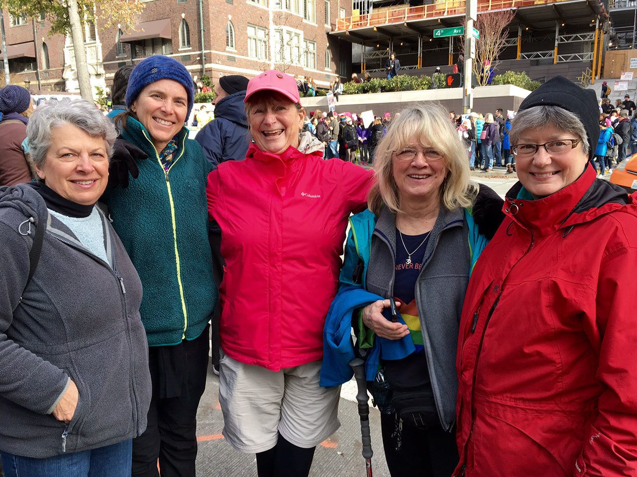 From left, Sequim and Port Angeles residents Barb Gunderson Hendrickson, Christie Lassen, Sharon Jensen, Sharron Fogel and Sue Miles took part in a women’s march Saturday in Seattle.