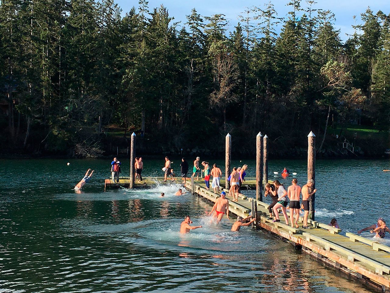 Over 50 people welcomed the new year with a swim in the bay across from the general store in Nordland on Sunday. (Alice Baldridge)
