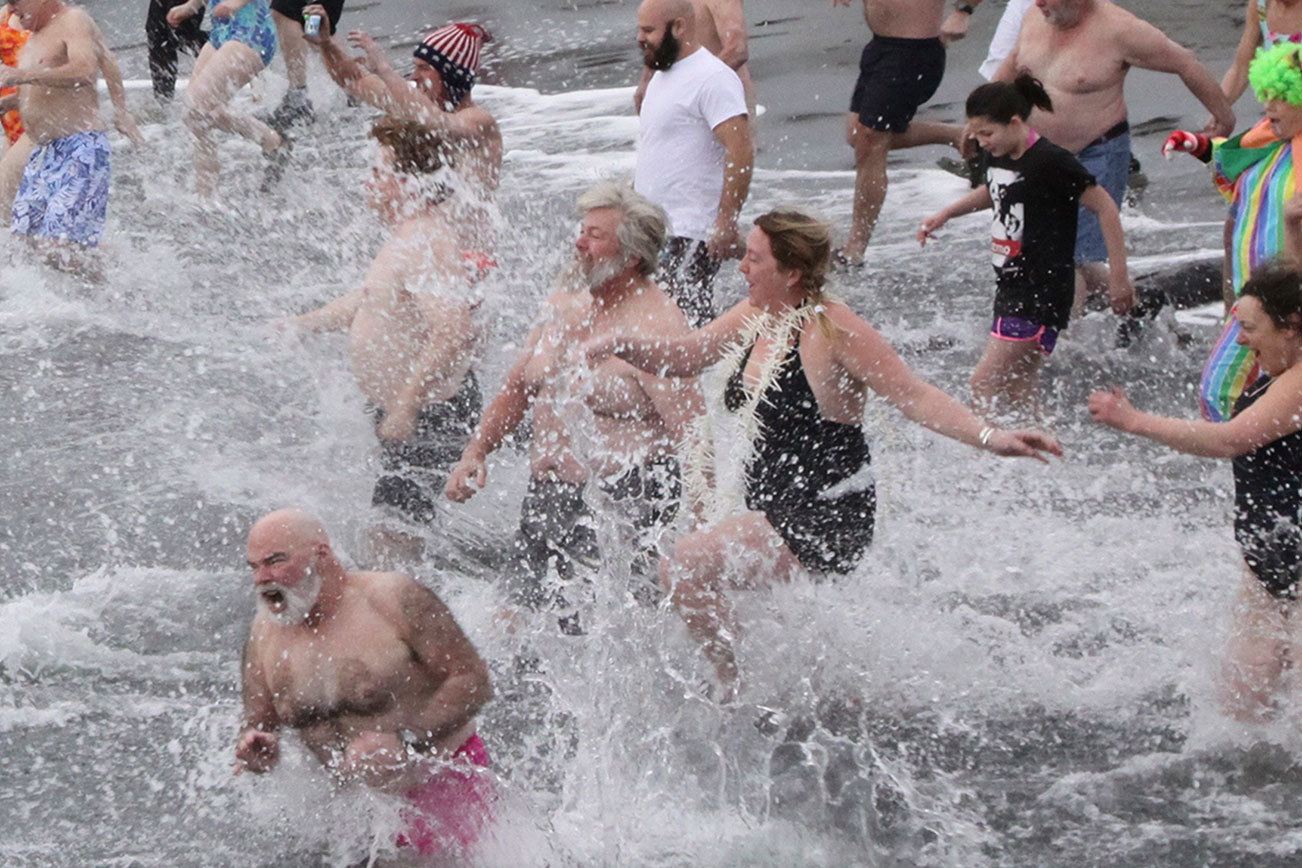 Dozens brave frigid air and water in polar plunges across North Olympic Peninsula
