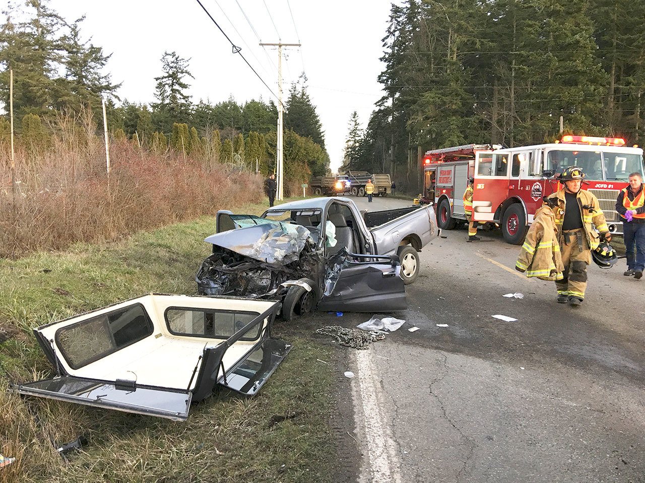 A 67-year-old Port Townsend woman was airlifted to Harborview Medical Center in Seattle following a wreck just outside Port Townsend late Tuesday afternoon. (East Jefferson Fire-Rescue)