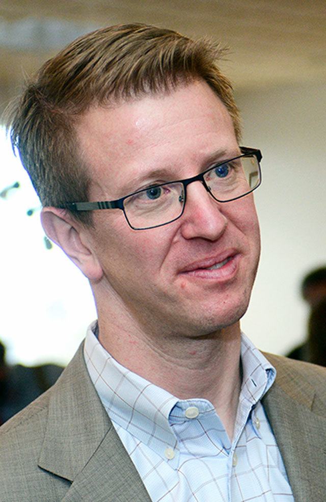 U.S. Rep. Derek Kilmer, D-Gig Harbor, told more than 50 people during a Port Angeles Business Association Meeting on Tuesday he’ll focus on bipartisan issues in the coming year, such as an anticipated infrastructure push as the new administration takes office. (Jesse Major/Peninsula Daily News)