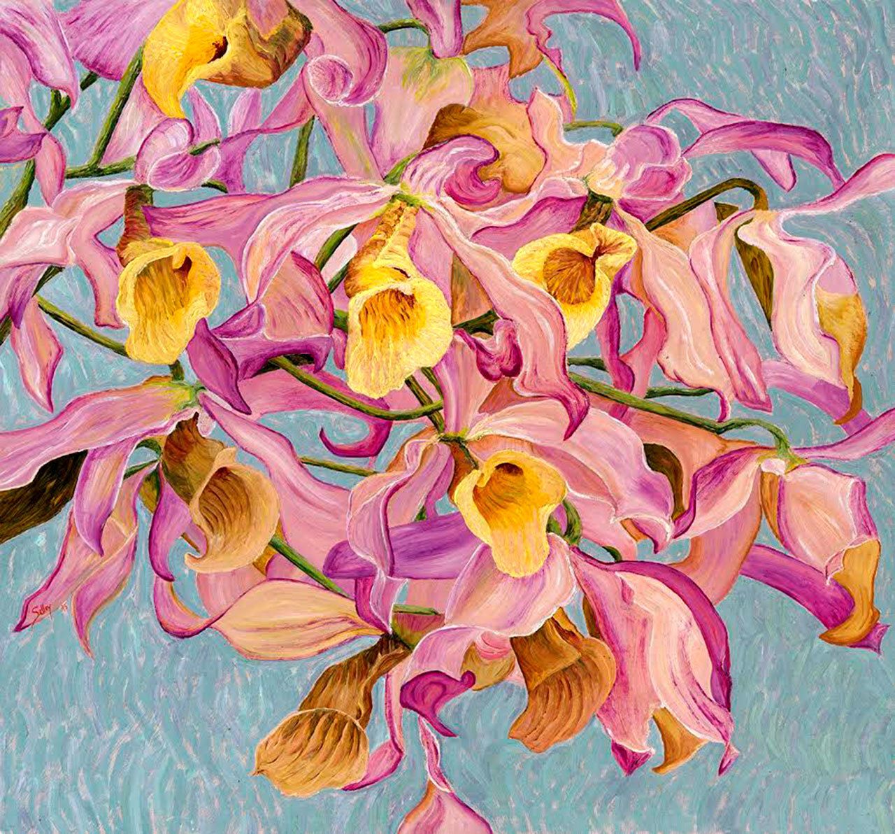 “Wedding Bells” is a floral painting by Douglas Selley Byrd on view at Gallery 9 in Port Townsend.