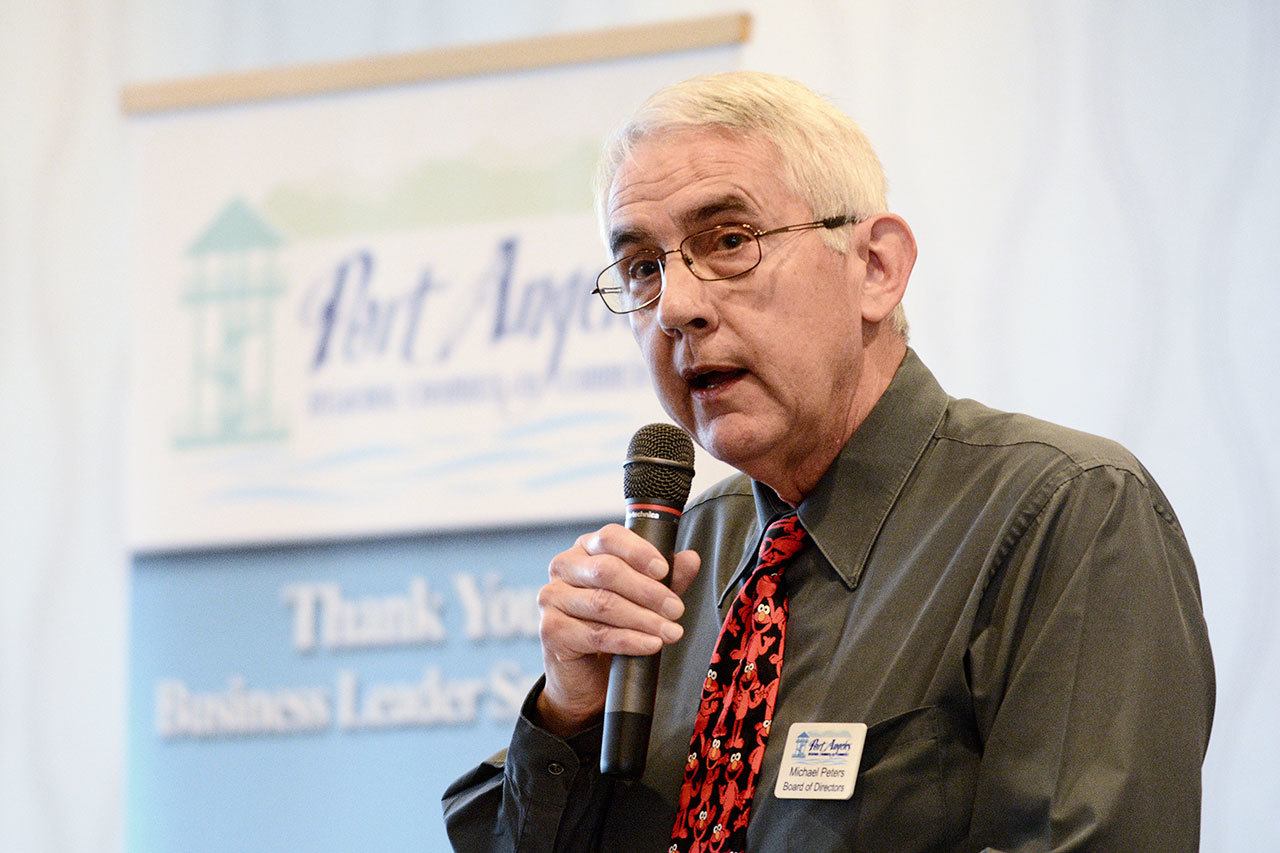 Michael Peters, CEO of the Lower Elwha Klallam Tribe, told those at the monthly Port Angeles Regional Chamber of Commerce meeting Wednesday of the tribe’s projects for 2017. (Jesse Major/Peninsula Daily News)