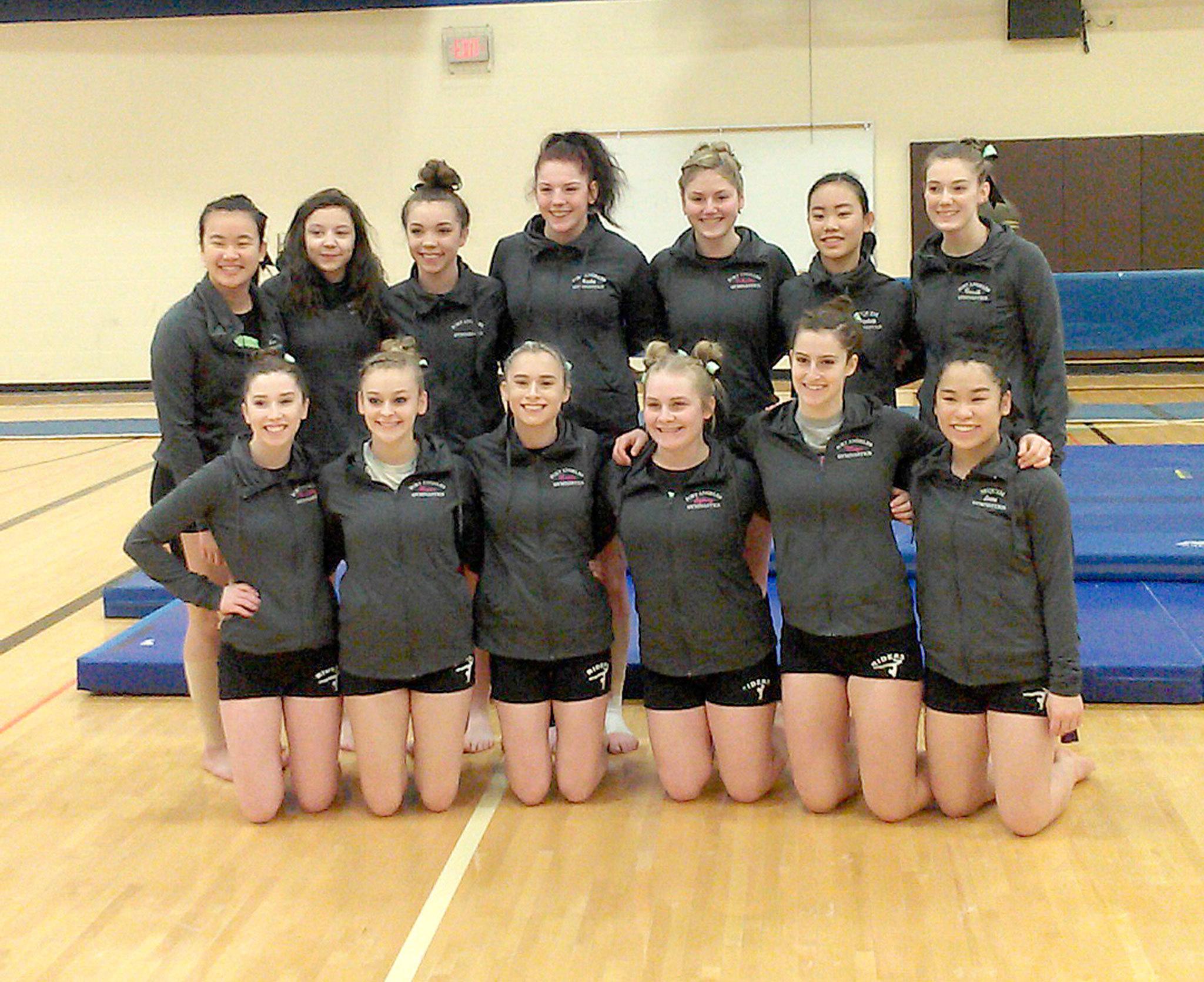 The Port Angeles gymnastics team won the 2A/3A West Central District Championship on Saturday. Team members are back row, from left, Lum Fu, Kenzee Richardson, Halle Coventon, Aiesha LaTourette, Nikaila Price, Elizabeth Sweet of Sequim and Cassandra Middlestead. From left, back row, are Cassidy Tamburro, Laura Rooney, Karlie Gochnour, Sydney Miner, Maya Wharton and Lesae Pfeffer of Sequim.