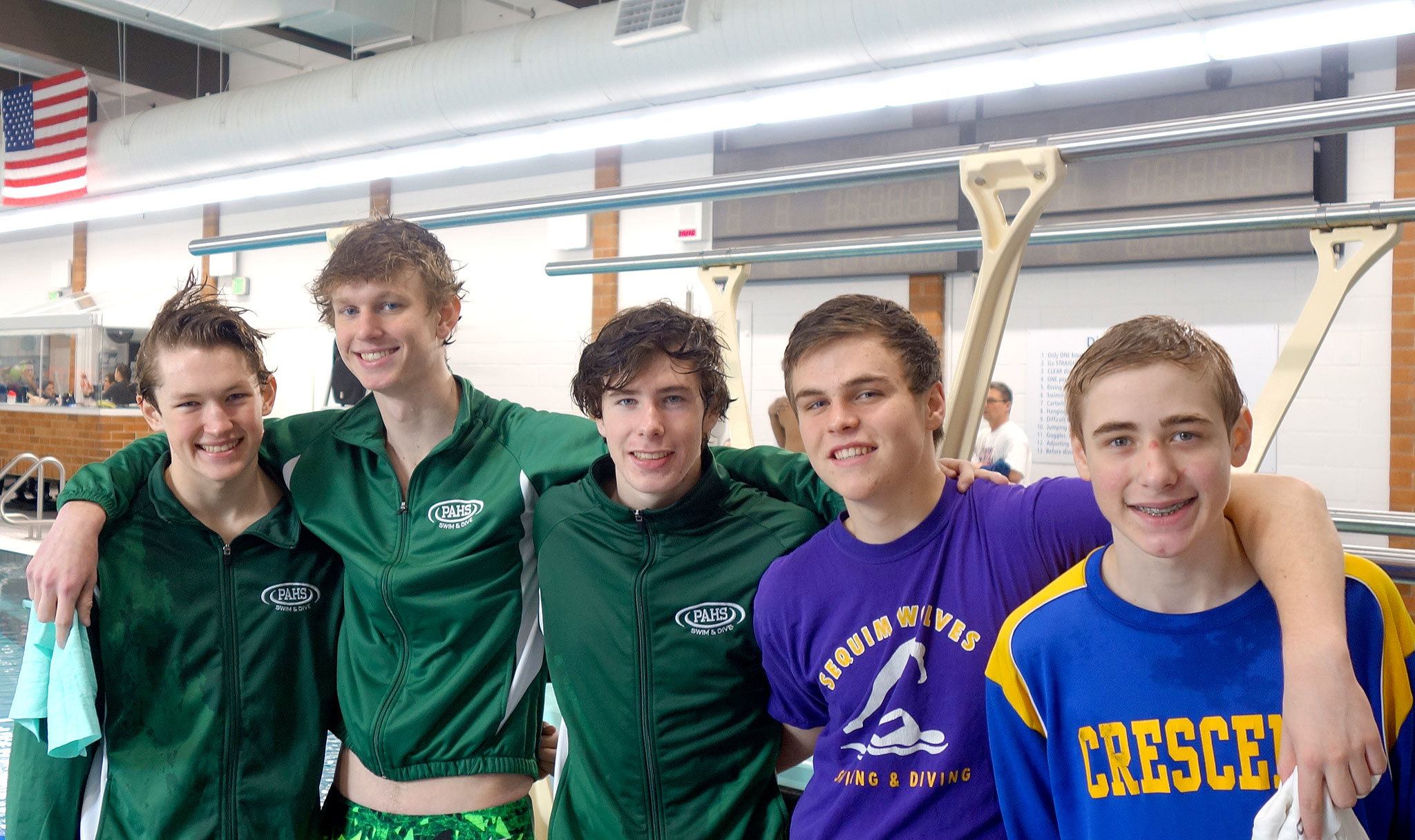 Peter Craig/for Peninsula Daily News These divers from Port Angeles, Sequim and Crescent will be competing at the state diving championship in Federal Way this weekend. From left are: Hollund Bailey, Port Angeles; David Jensen, Port Angeles; Andrew Methner, Port Angeles; Mathew Craig, Sequim and Micah Scott, Crescent.