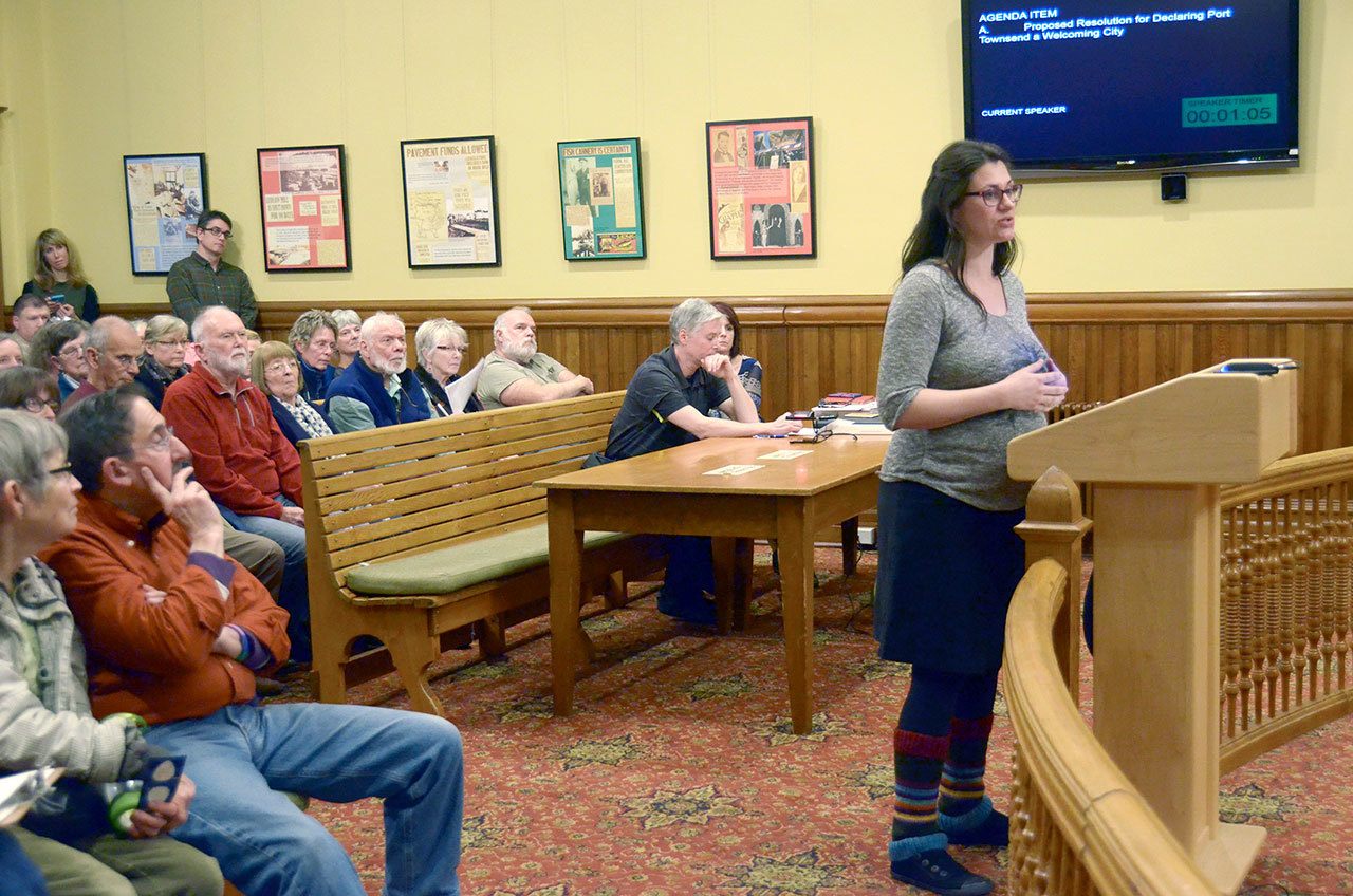 Zhaleh Almaee was one of 90 community members who came to Monday’s City Council meeting to share thoughts on making Port Townsend a sanctuary city. (Cydney McFarland/Peninsula Daily News) ​