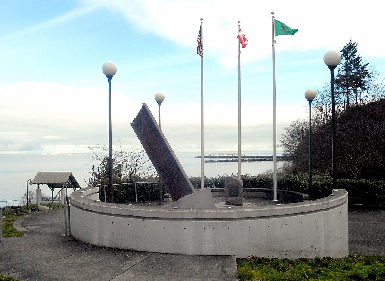 A memorial to public safety personnel, which includes a steel beam retrieved from the site of the World Trade Center in New York, sits as a centerpiece at Francis Street Park in Port Angeles. (Keith Thorpe/Peninsula Daily News)