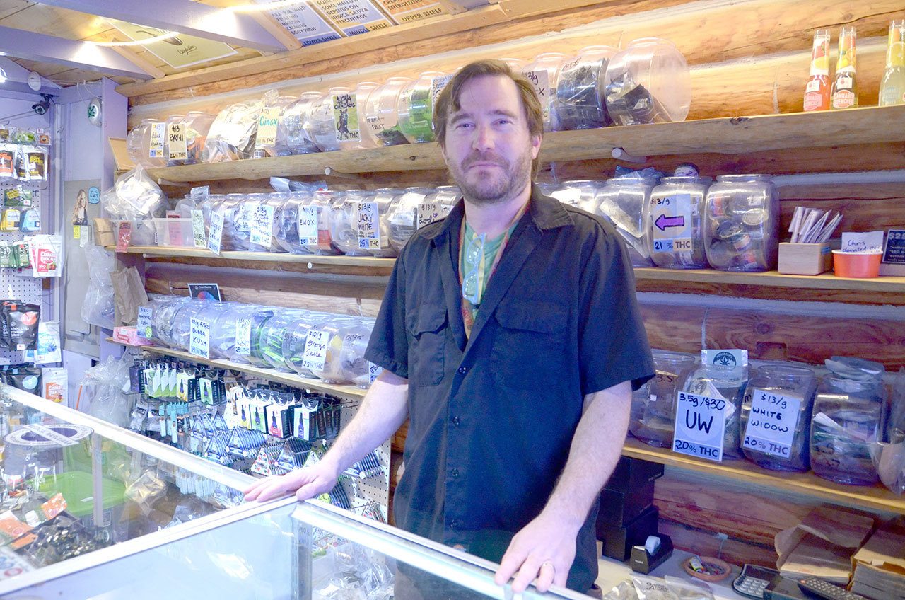Greg Brotherton, owner of Sea Change Cannabis on U.S. Highway 101 in Discovery Bay, is recovering after two burglars stole roughly $10,000 of product from his shop last week. (Cydney McFarland/Peninsula Daily News)
