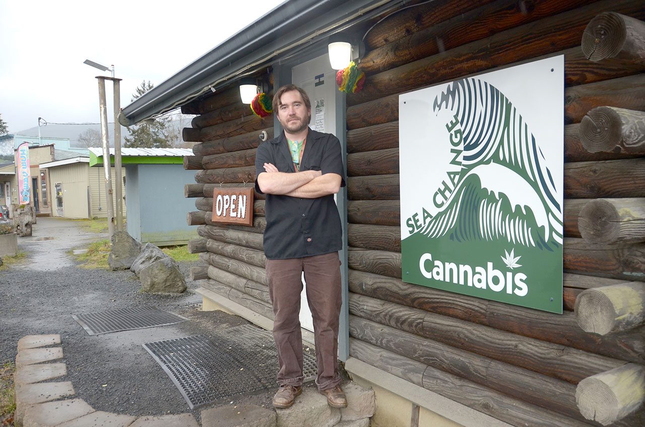 Greg Brotherton, owner of Sea Change Cannabis on U.S. Highway 101 in Discovery Bay, is recovering after two burglars stole roughly $10,000 of product from his shop last week. (Cydney McFarland/Peninsula Daily News)