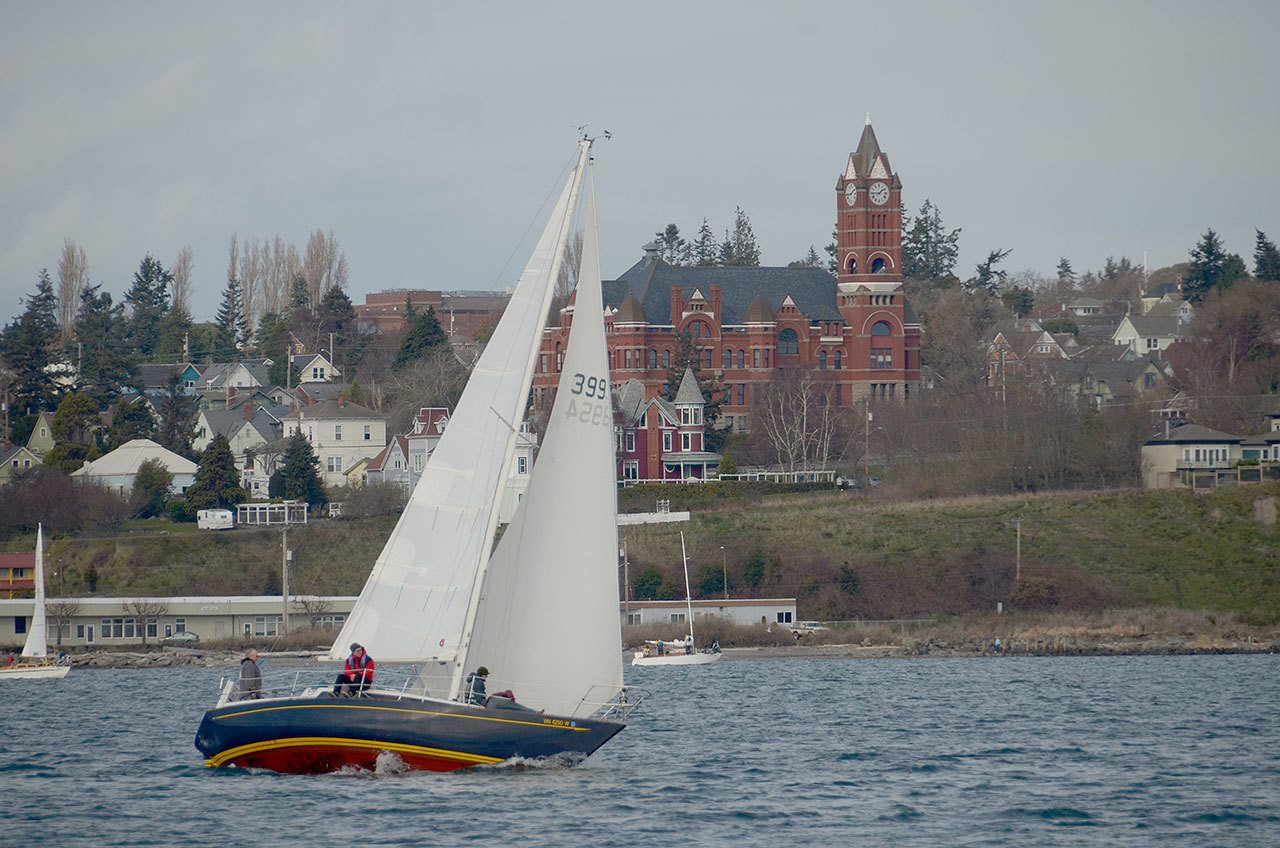 The wind picked up near the end of Saturday’s Shipwrights Regatta, making for great sailing through the finish line. (Cydney McFarland/Peninsula Daily News)
