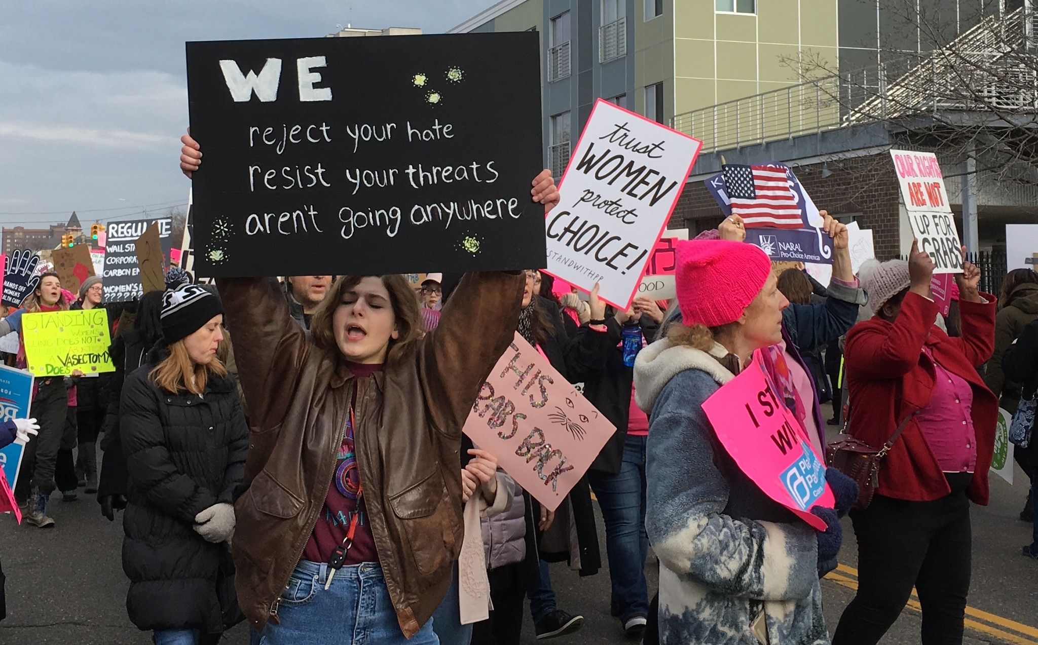 People march in support of Planned Parenthood in Detroit on Saturday. The event drew more than 300 people. (Ed White/The Associated Press)