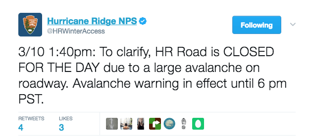 UPDATE: Hurricane Ridge Road closed for avalanche
