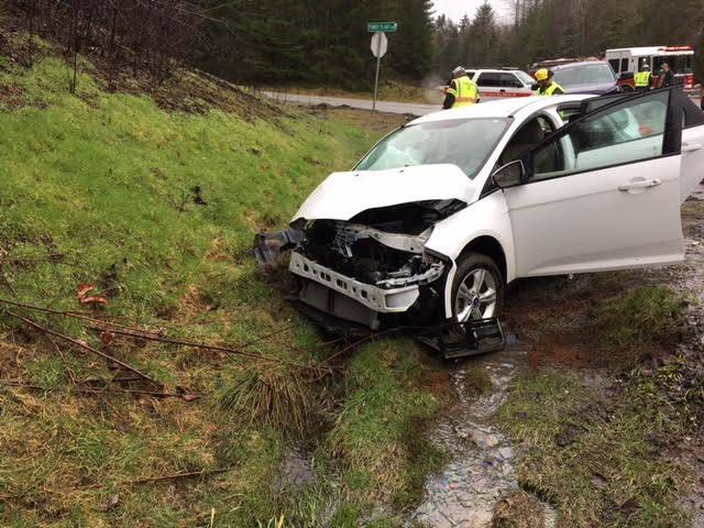 A 2013 Ford Focus traveling westbound on state Highway 112 was one of two vehicles wrecked in the Thursday crash. (Clallam Fire District No. 2)