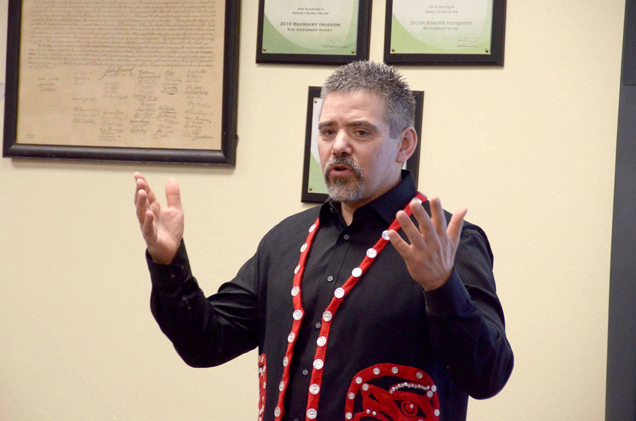 Jamestown S’Klallam tribal council member Kurt Grinnell was one of two people who spoke in favor of naming the new school after S’Klallam chief Chetzemoka at a special Port Townsend School Board meeting Monday. (Cydney McFarland/Peninsula Daily News)