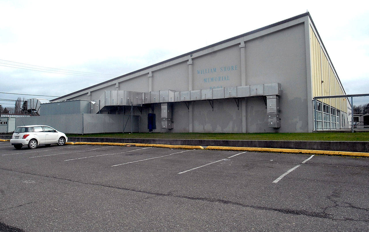 The William Shore Memorial Pool District is considering an expansion to the current pool in Port Angeles that would expand the structure, taking over a parking lot and moving the entrance to nearby Lincoln Street. (Keith Thorpe/Peninsula Daily News)