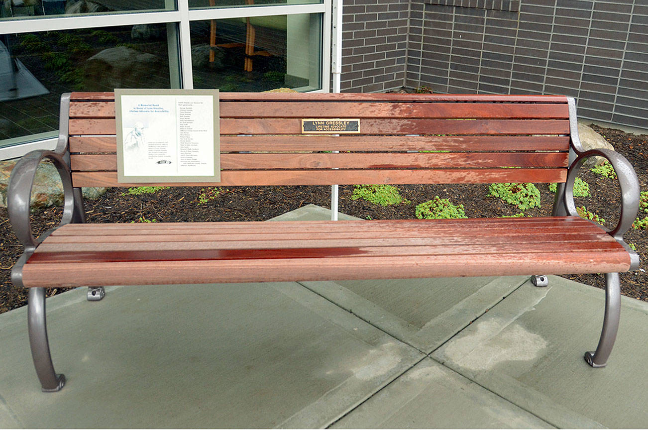 Bench memorial outside Jefferson Healthcare to advocate for disabled