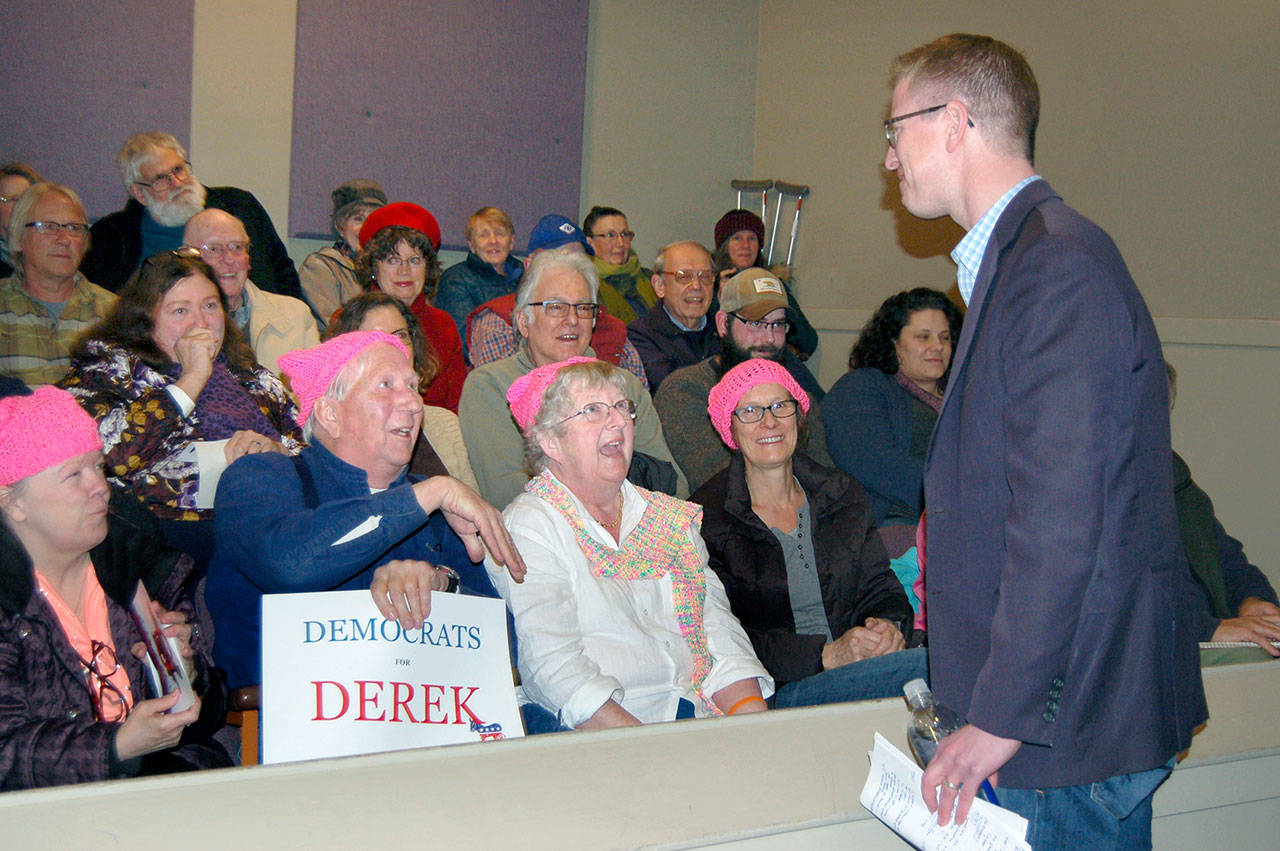 U.S. Rep. Derek Kilmer greets constituents before taking the stage at the town hall in the Sequim High School auditorium Monday. (Erin Hawkins/Olympic Peninsula News Group)