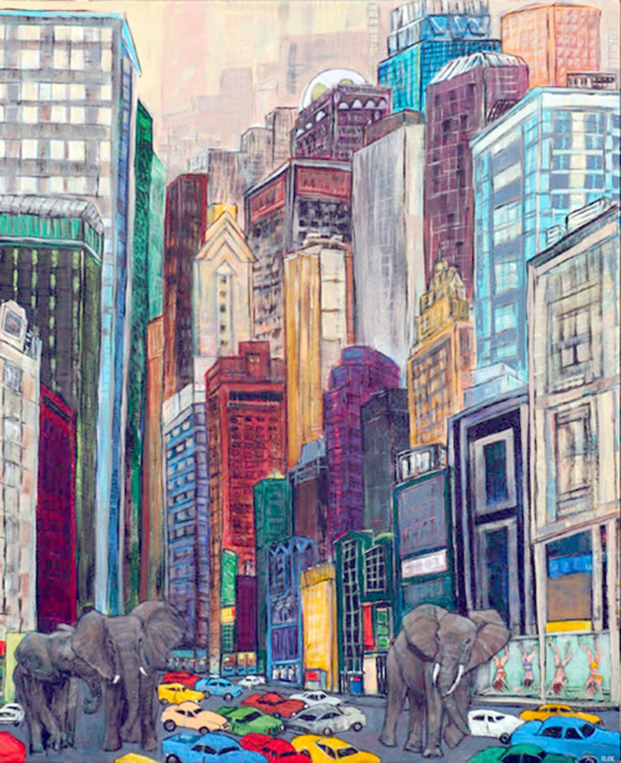 The late Lynn Rupe’s painting of elephants in a city’s downtown will be shown at Studio Bob.