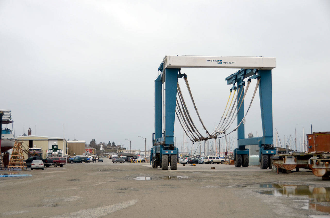 The Port of Port Townsend is working with a 60-ton lift and a 300-ton lift after its 75-ton lift broke in January while lowering a fishing boat. (Cydney McFarland/Peninsula Daily News)