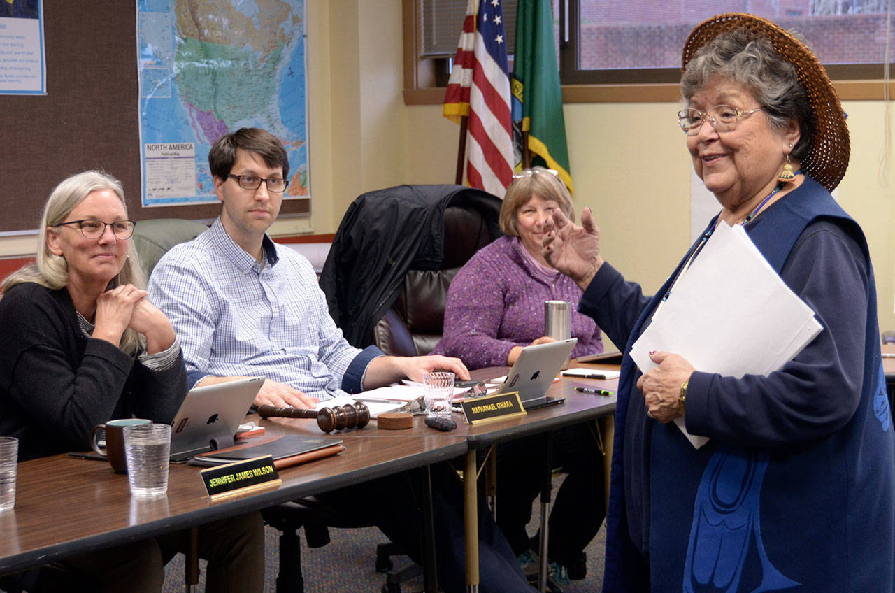 Elaine Grinnell of the Jamestown S’Klallam Tribe was one of many area tribal members who came to Monday’s Port Townsend School Board meeting to speak in favor of naming the school after Chief Chetzemoka. Ultimately, the board decided to name the school Salish Coast Elementary. (Cydney McFarland/Peninsula Daily News)
