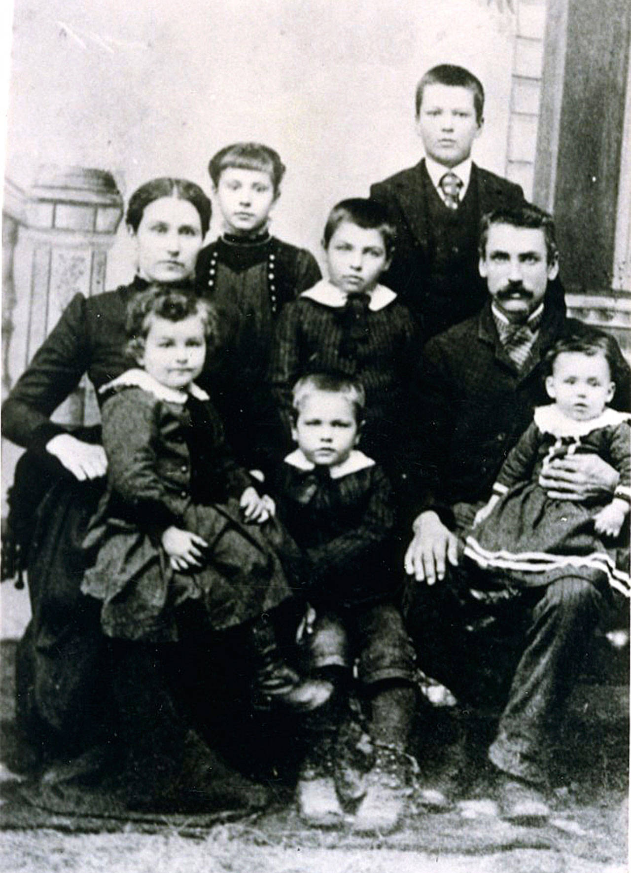 Mark Wilson’s family lived near Brinnon 1890s. The family’s homestead was about 6 miles upriver from Brinnon. Shown are Wilson, middle right, with his wife, Margaret, middle left. Children Alice and Henry are in back while Arthur stands between his parents, and Rollo, James and Edward are in front. (Jefferson County Historical Society)
