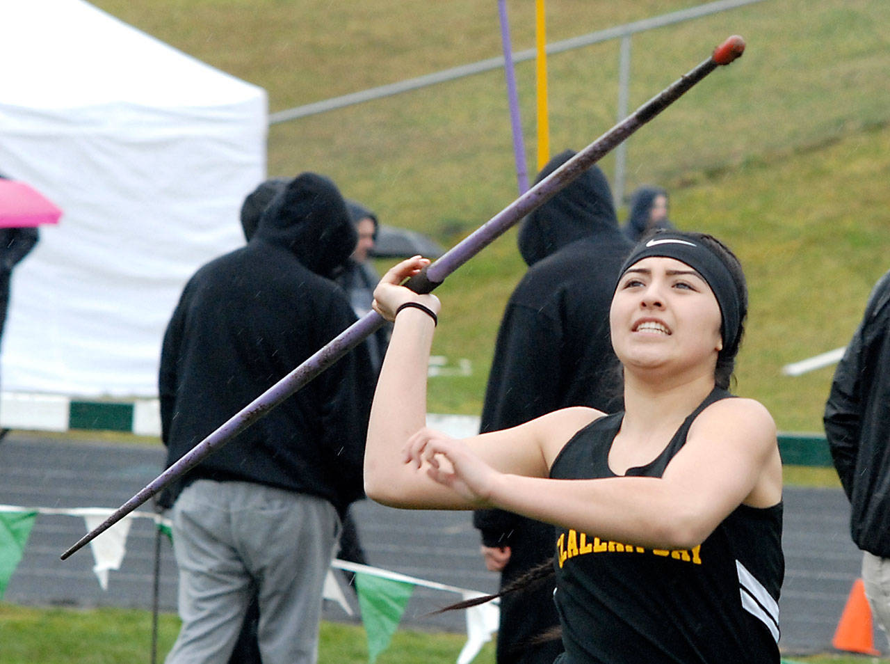 Keith Thorpe/Peninsula Daily News Mariah LaChester of Clallam Bay competes in girls javelin during Friday’s Port Angeles Invitational meet at Port Angeles High School.