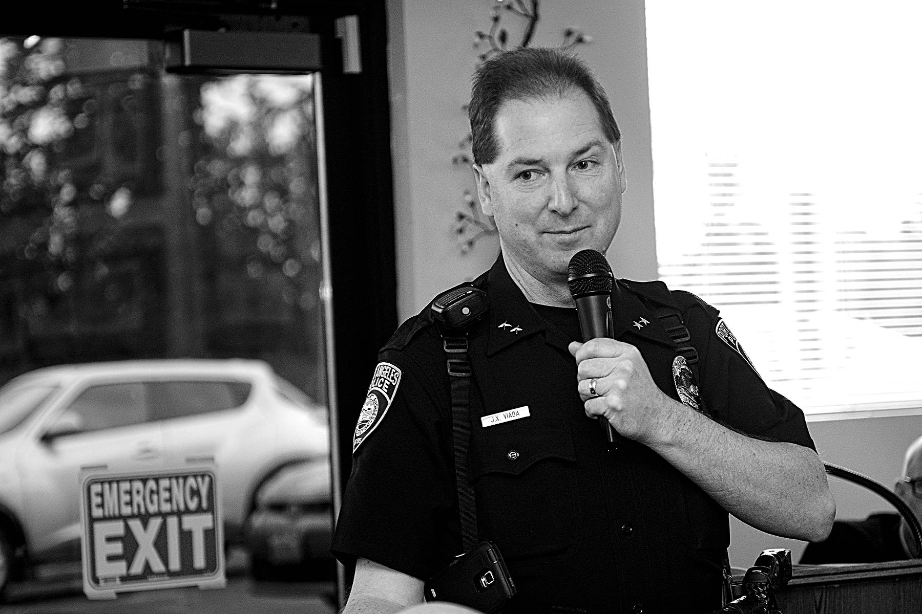 Jesse Major/Peninsula Daily News                                Deputy Chief Jason Viada told those who attended the Port Angeles Business Association meeting Tuesday that the Port Angeles Police Department is looking into using body cameras, but public records laws are an obstacle.