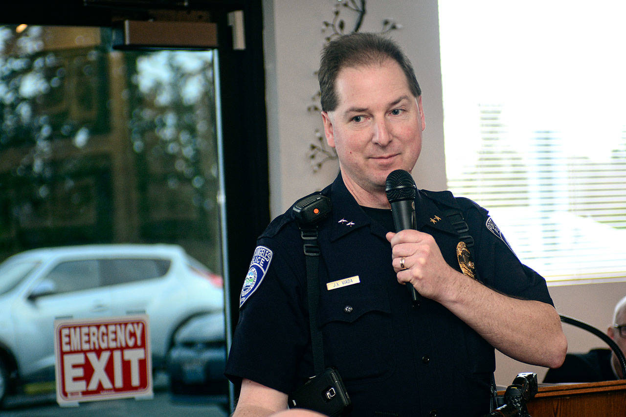 Deputy Chief Jason Viada told those who attended the Port Angeles Business Association meeting Tuesday that the Port Angeles Police Department is looking into using body cameras, but public records laws are an obstacle. (Jesse Major/Peninsula Daily News)
