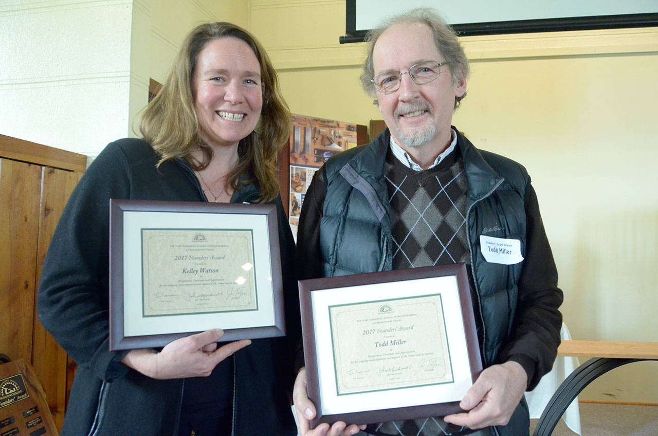 Kelley Watson of Port Townsend High School and Todd Miller of Chimacum High School were honored for their work in education by the Port Townsend School of Woodworking. (Cydney McFarland/Peninsula Daily News)