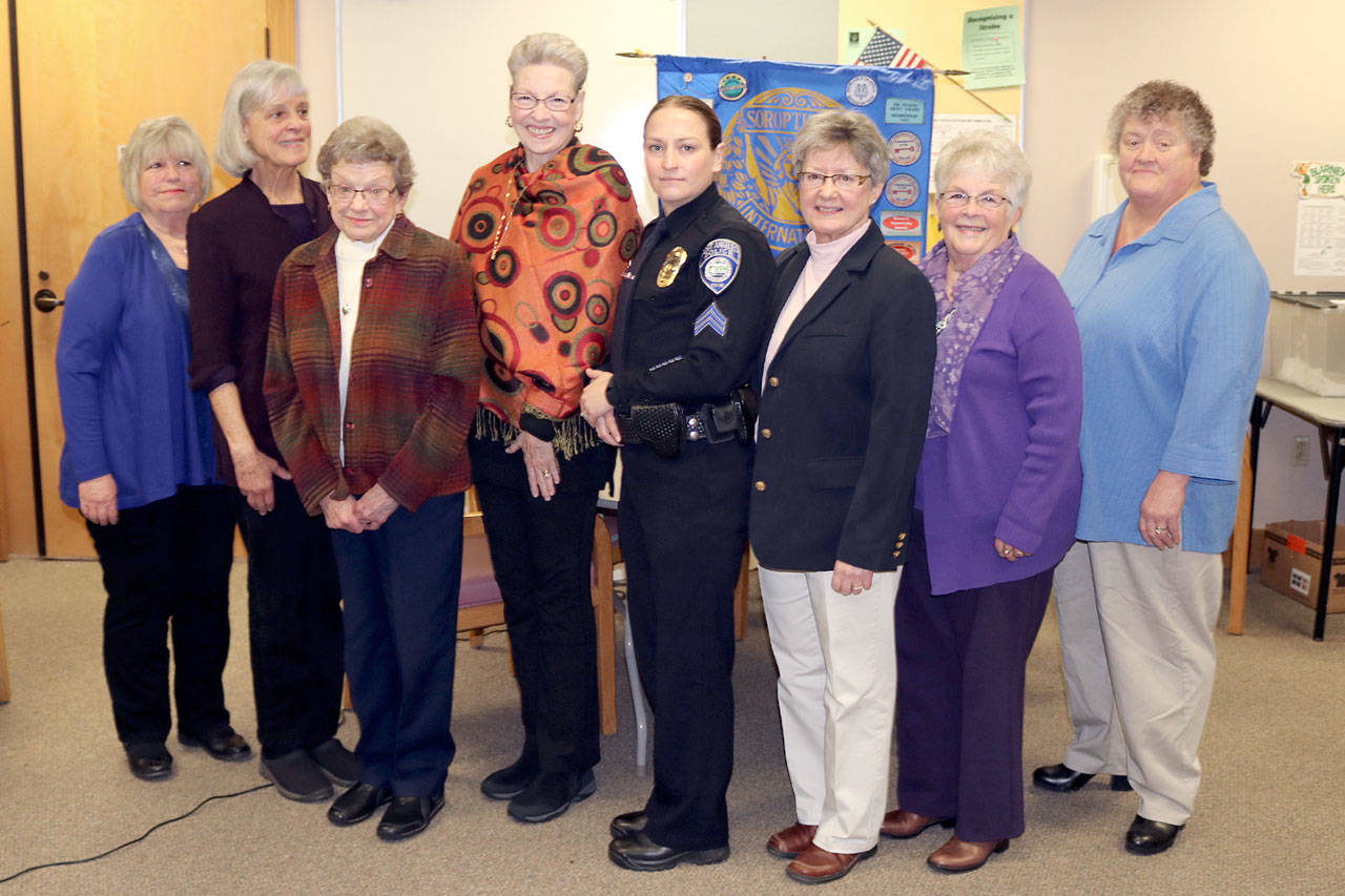 Women of Distinction awardees are shown with Jet Set President-elect Deb West. From left are West, Nancy Adams, Virginia Fitzpatrick, Patricia Glennon, Kori Malone, Sue Miles, Sherry Phillips and Sylvia Strohm.