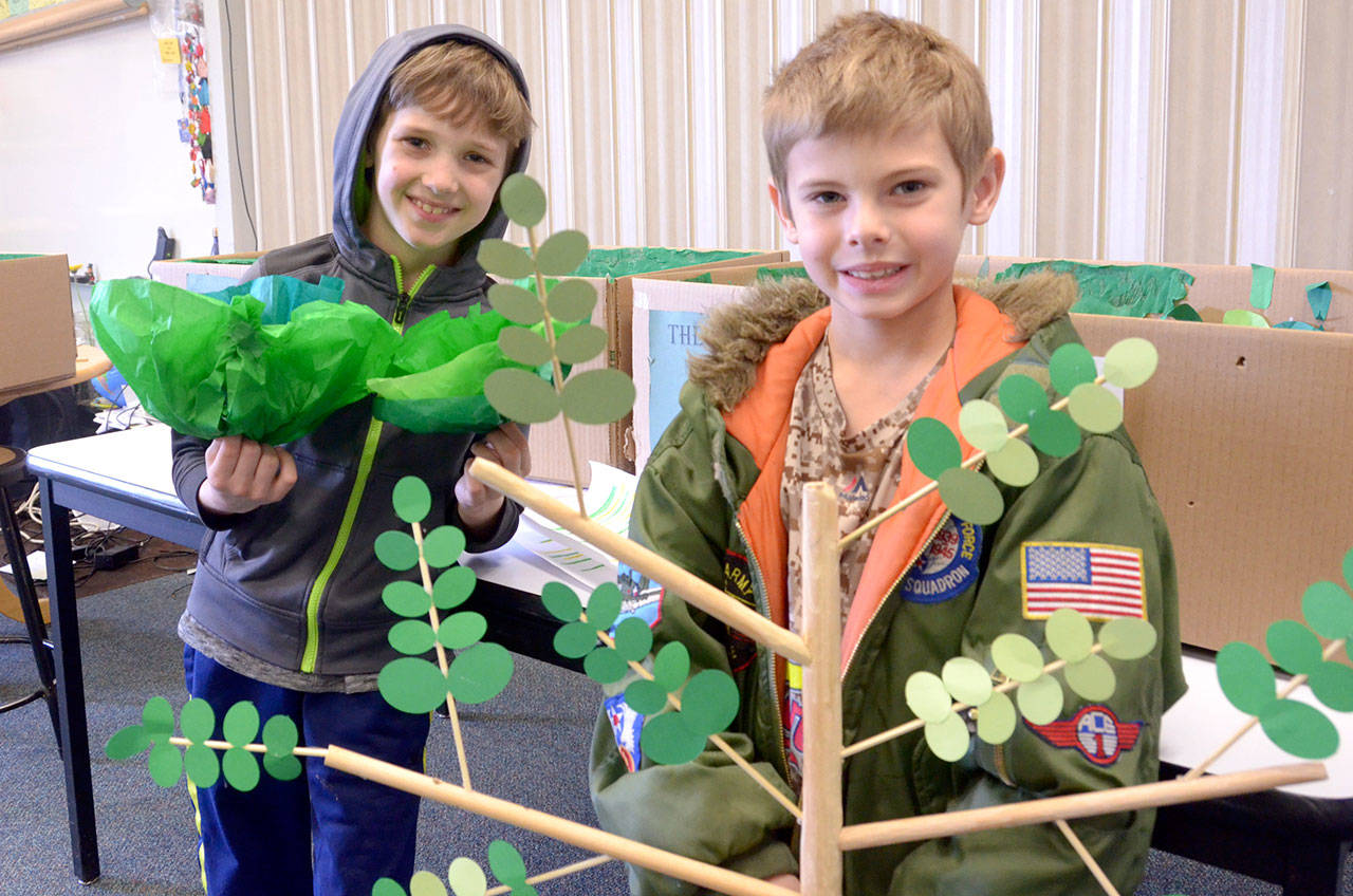 Third-graders Evan Tyrrell, left, and Ashton Rollness were named regional winners of the ExploraVision international science competition with their project “The Green Box.” (Cydney McFarland/Peninsula Daily News)