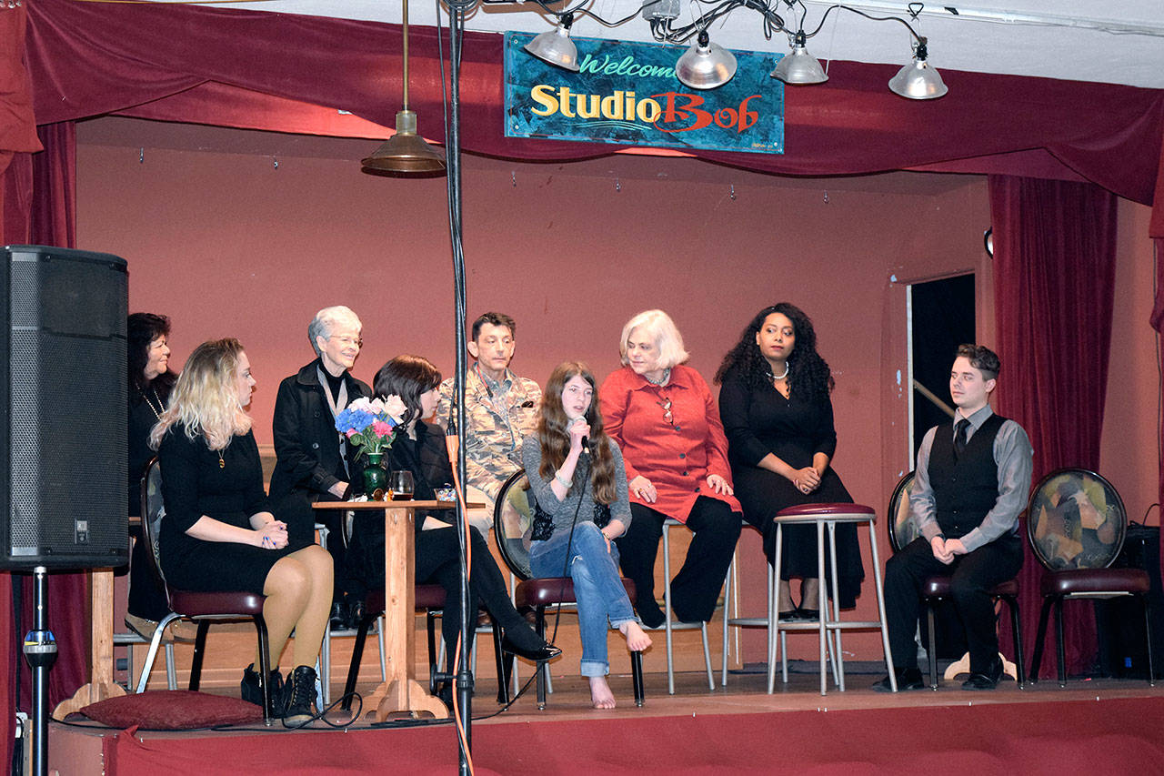 During last Saturday’s Find Your Voice Festival performance, playwrights participated in a question-and-answer period. From left are Linda Silvas, Morrea Henderson, Charlotte McElroy, Tia Stephens, Daryl Hayes, Katie Cobb, Karen Hogan, Jade Paris and Steven Canepa.