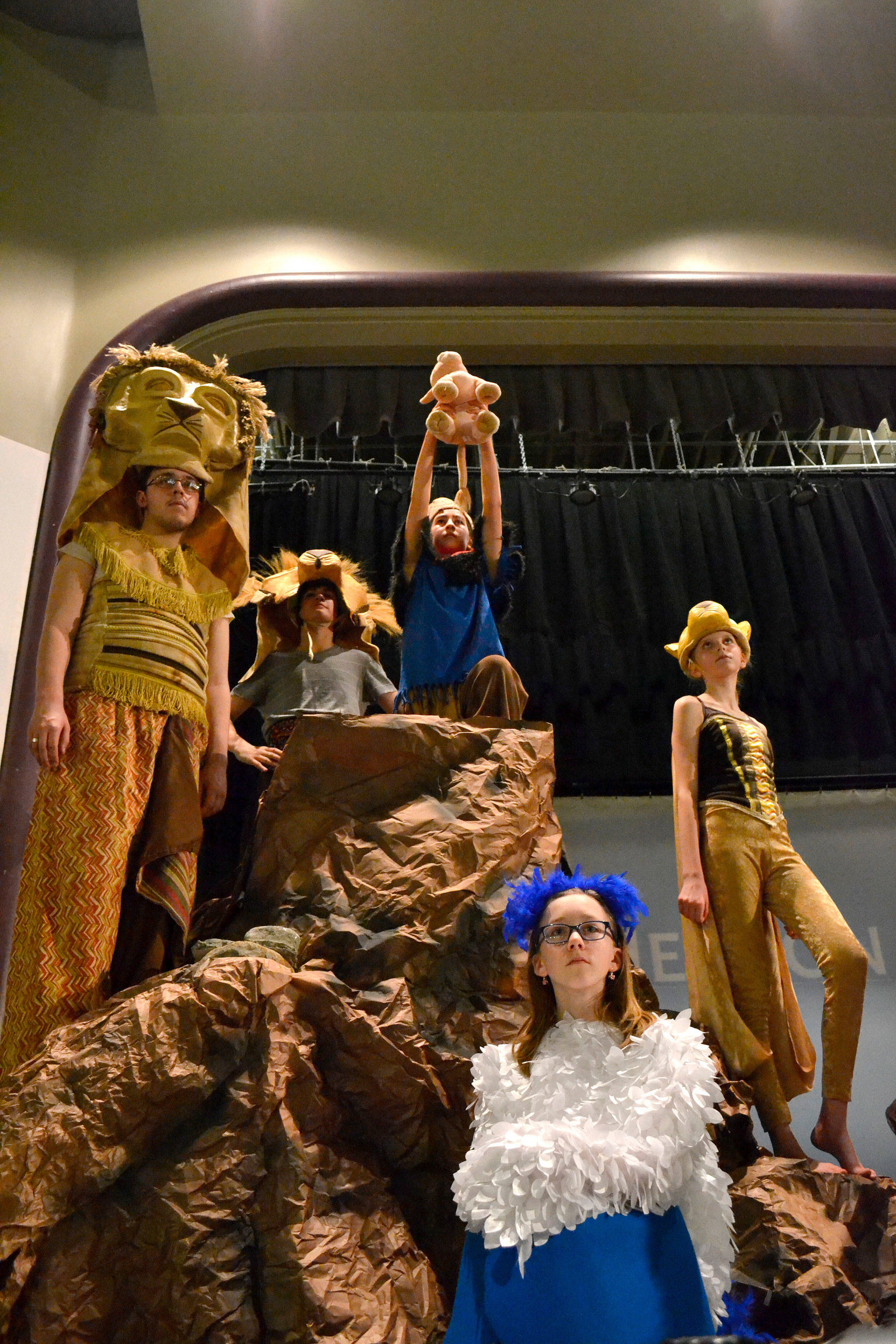 Sequim Middle School presents “The Lion King Jr.” today and Friday in the Sequim High School auditorium. Some of its stars include, from left, Damien Cundiff, Henry Hughes, Kariya Johnson, Julia Jeffers, and Kendall Hastings. (Matthew Nash/Olympic Peninsula News Group)