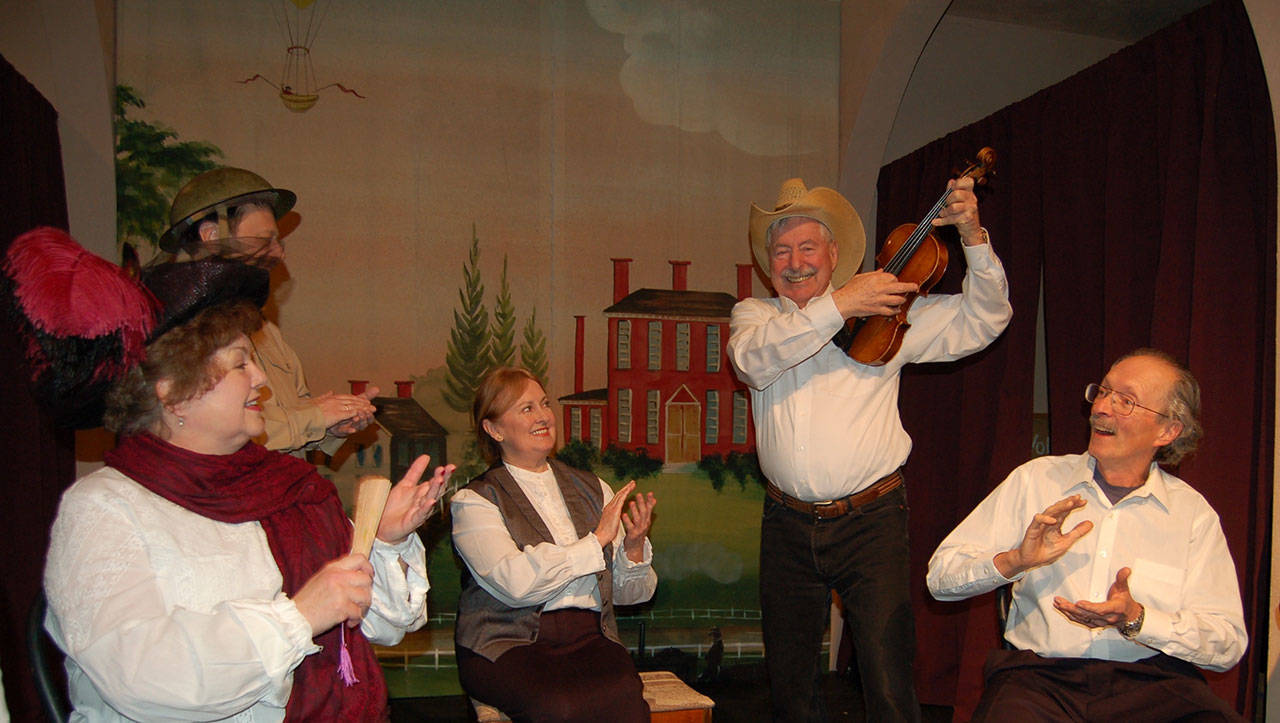 Cathy Marshall, Jerry Stewart, Cheryl Di Pietro, Merv Wingard and Jim Bradrick, from left, act out a scene from the adaption of Edgar Lee Masters’ “Spoon River Anthology.” (Erin Hawkins/Olympic Peninsula News Group)