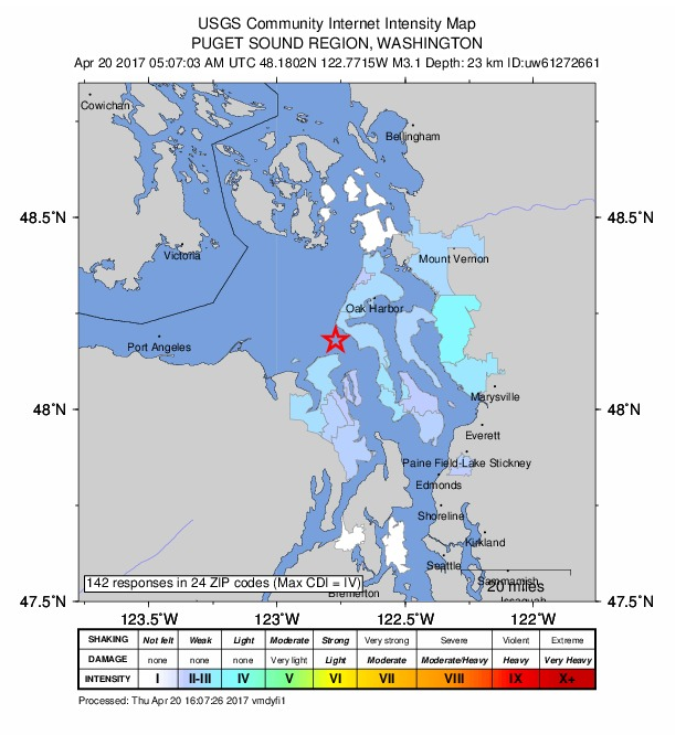 A map shows a 3.1-magnitude quake that took place about 10 p.m. Wednesday in Admiralty Bay between Port Townsend and Oak Harbor. (U.S. Geological Survey)